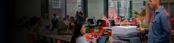 People talking in a modern office by a Sharp A4 MFP